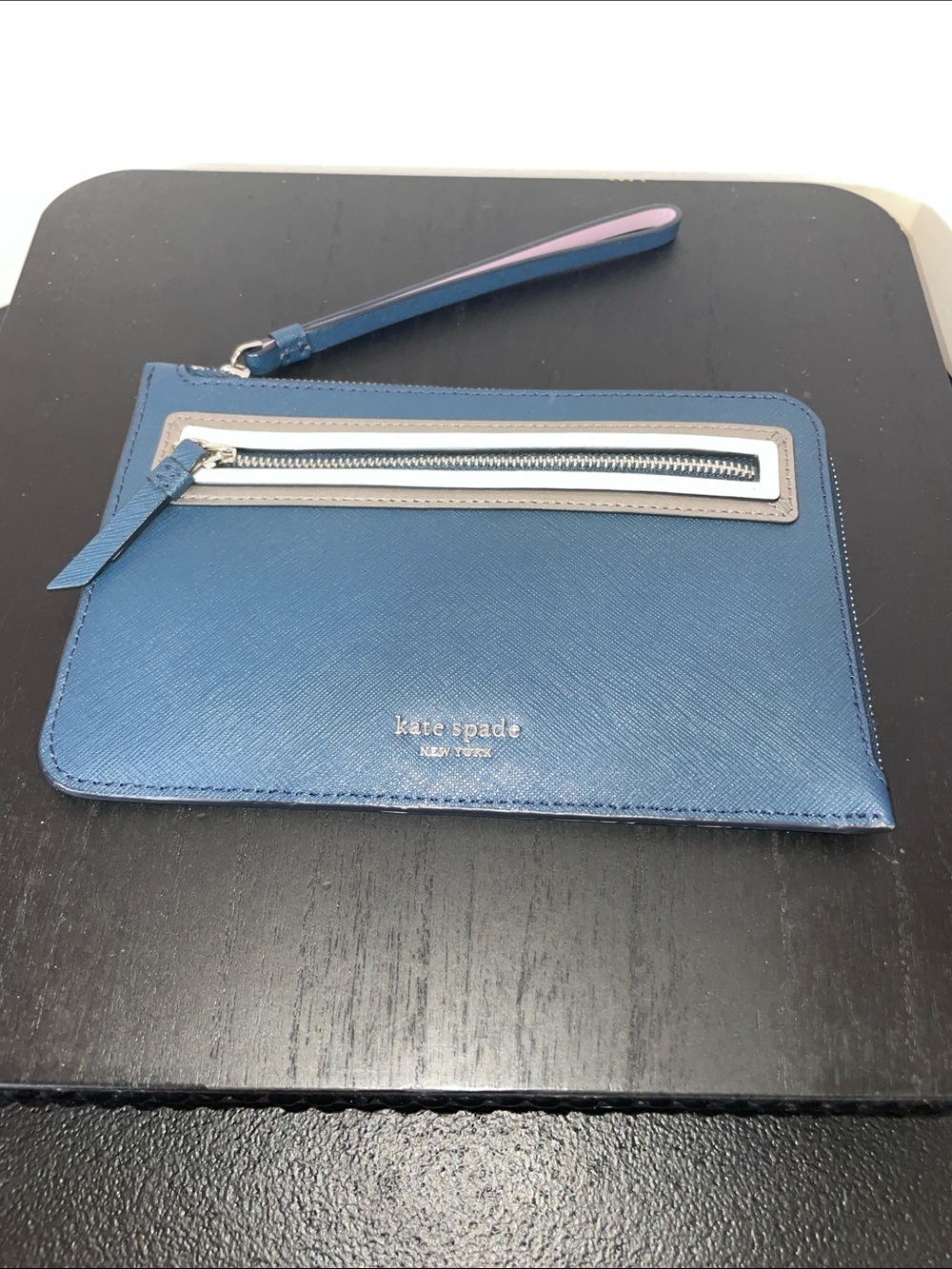 kate spade Blue Leather Wristlet with Light Gray Trim